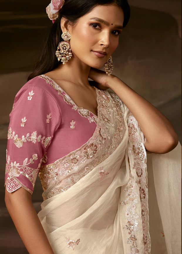 Off White Embroidered Designer Organza Saree