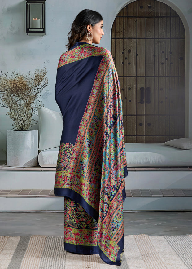 Patriot Blue Printed Satin Silk Saree