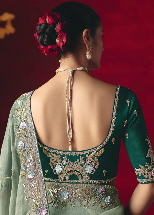 Antique Green Designer Embroidered Saree