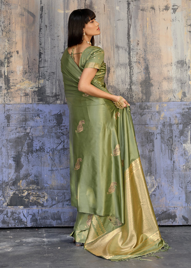 Olive Green Woven Banarasi Satin Silk Saree