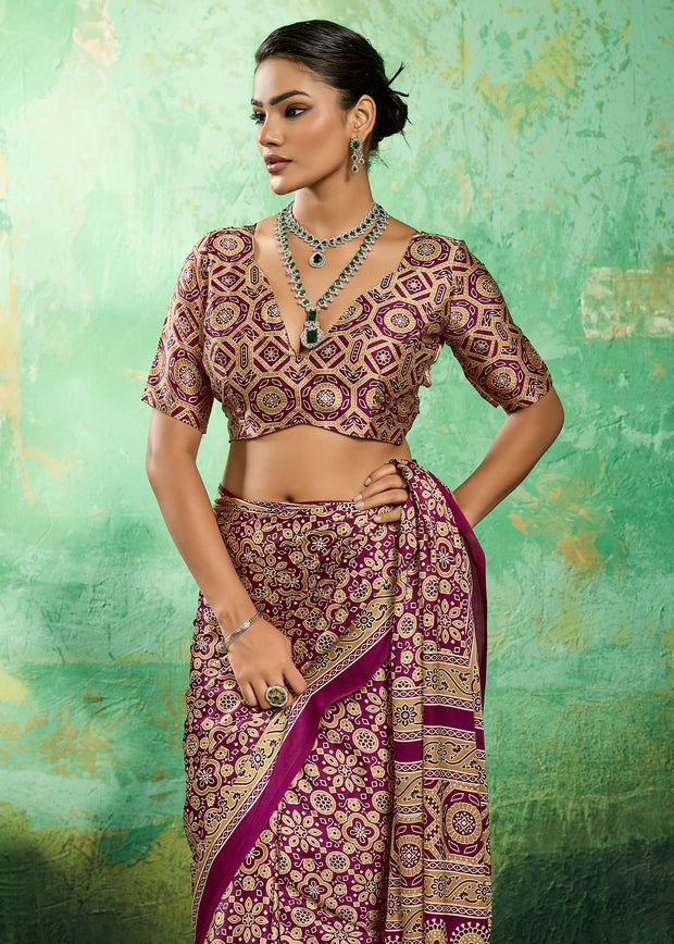 Purple Printed Satin Silk Saree