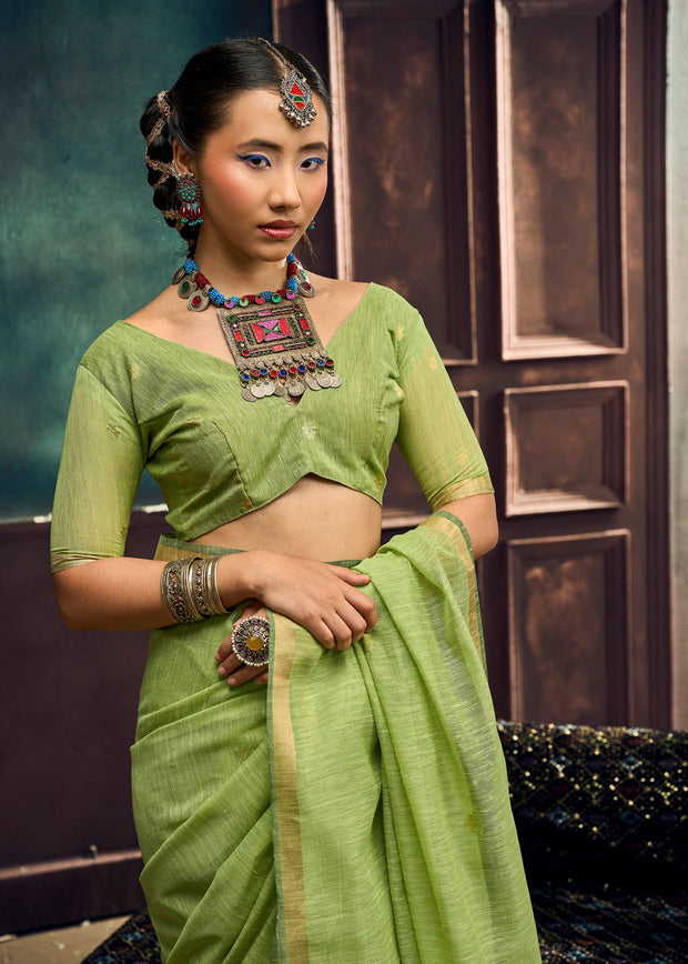 Pistachio Green Woven Cotton Silk Saree
