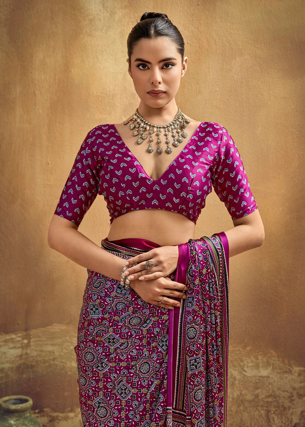 Magic Purple Printed Satin Silk Saree