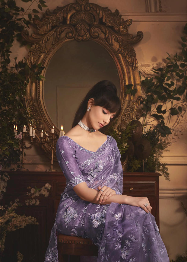 Lilac Mist Designer Tissue Organza  Saree