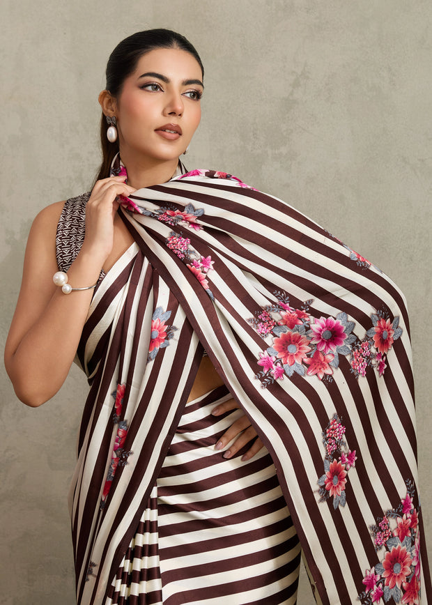 Brown And White Printed Satin Silk Saree