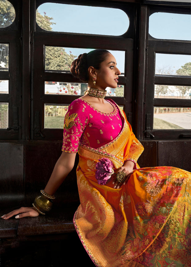 “Exclusive Offer” : Zinnia Orange Woven Embroidered Banarasi Silk Saree