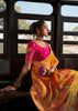 “Exclusive Offer” : Zinnia Orange Woven Embroidered Banarasi Silk Saree