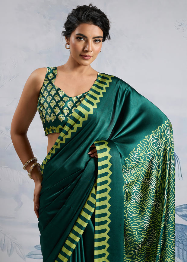 Cadmium Green Satin Silk Saree with Ajrakh Printed Pallu and Blouse