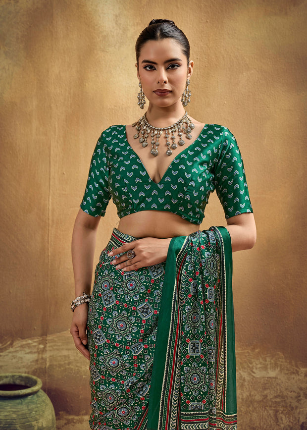Bottle Green Printed Satin Silk Saree