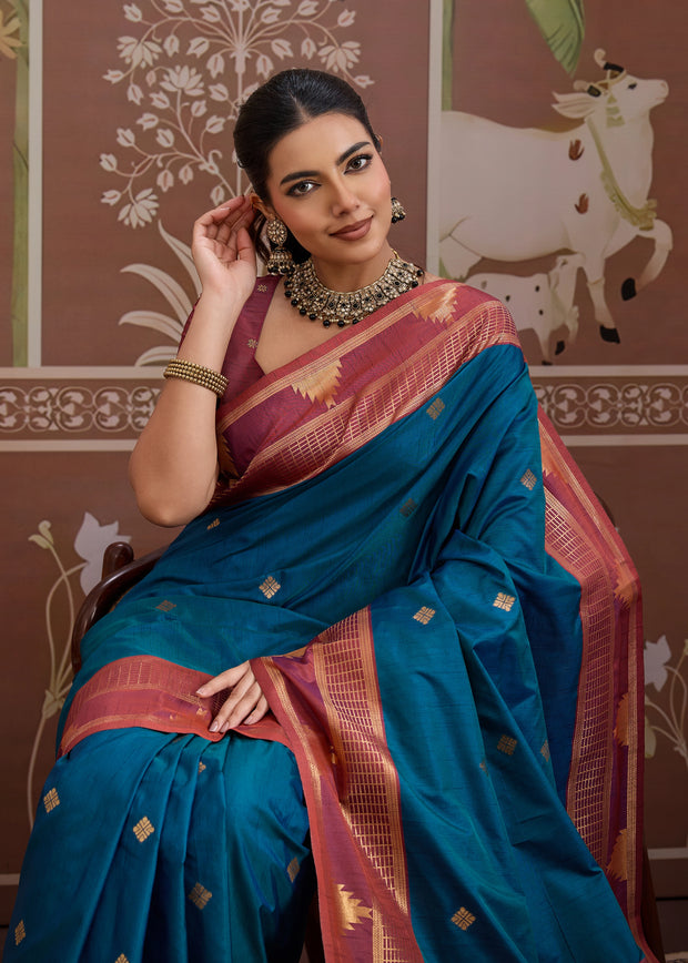 Coral Blue Woven Tussar Silk Saree