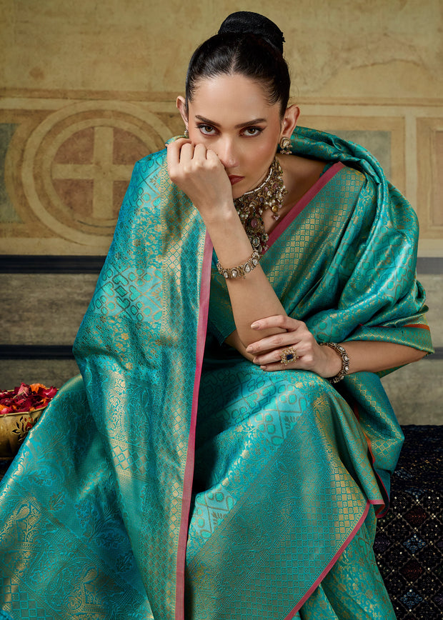 Teal Green Woven Banarasi Silk Saree