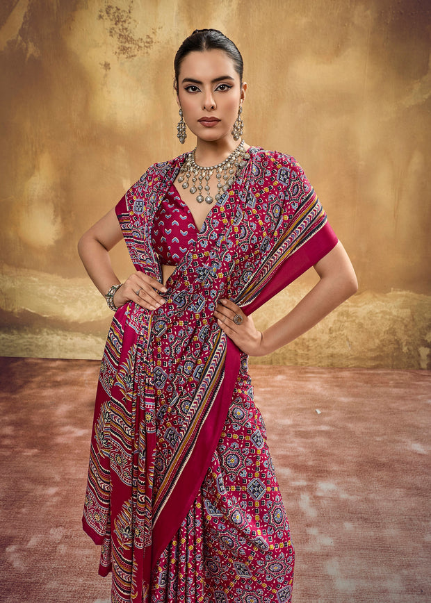 Beet Red Printed Satin Silk Saree