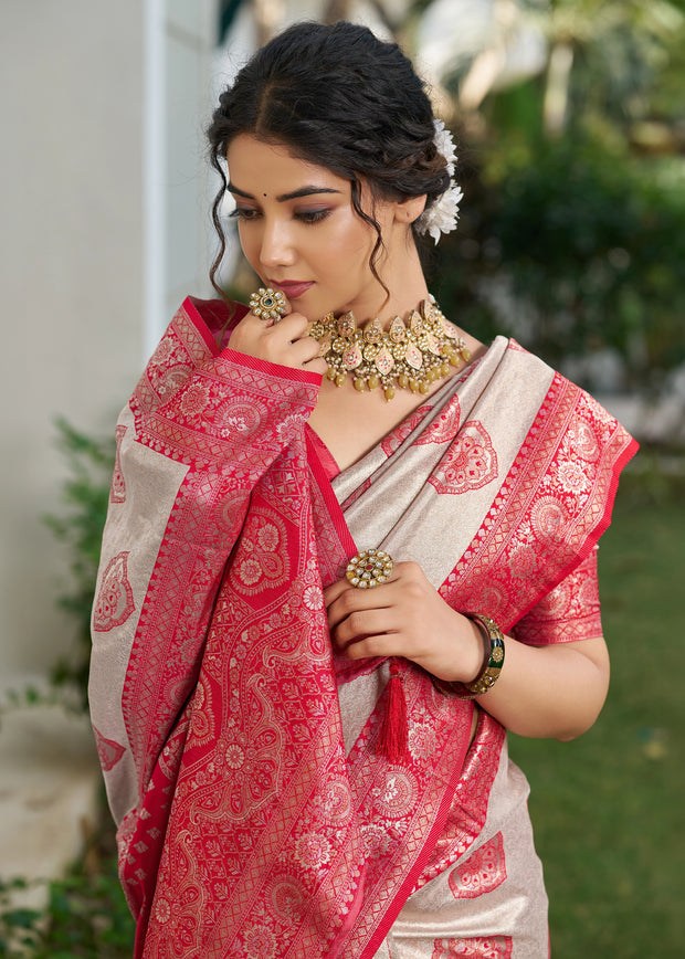 Raspberry Pink Woven Banarasi Silk Saree