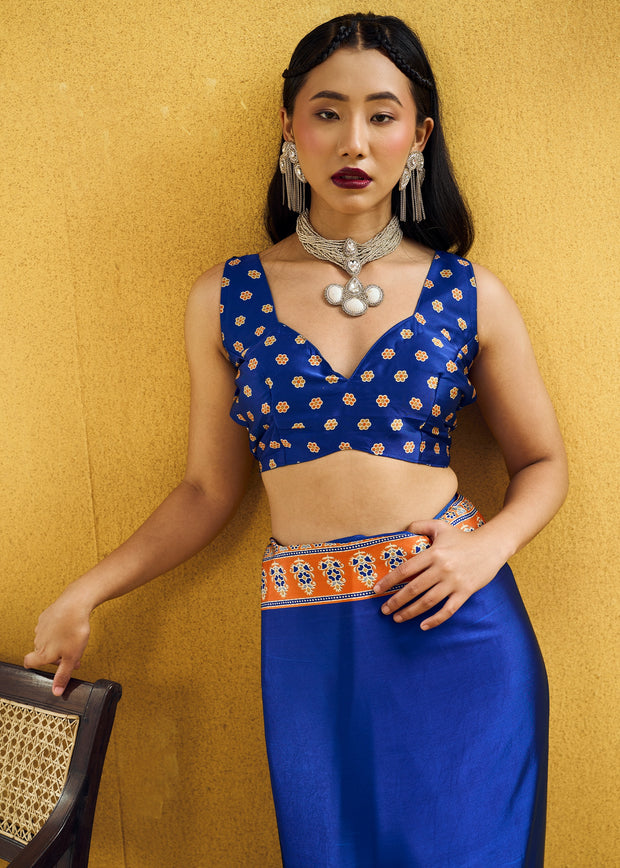 Cobalt Blue Satin Silk Saree with Ajrakh Printed Pallu and Blouse