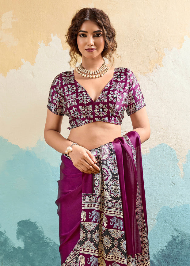Wine Purple Printed Satin Silk Saree