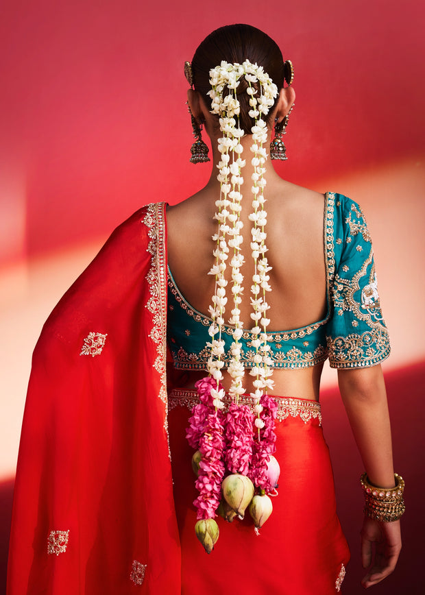 Crimson Red Embroidered Soft Silk Saree With Contrast Blouse