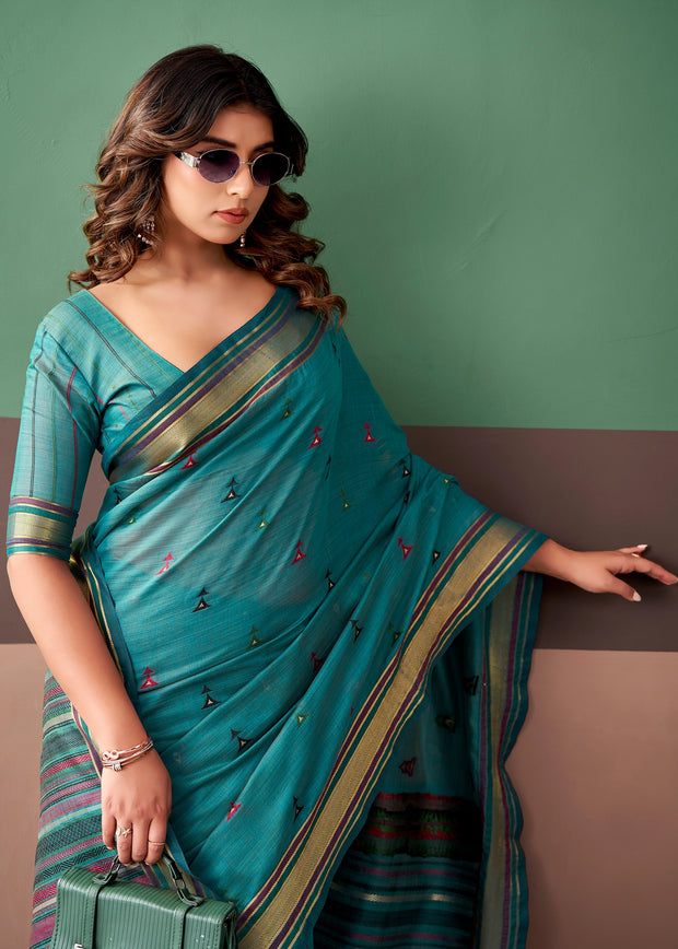 Teal Blue Woven Cotton Silk Saree