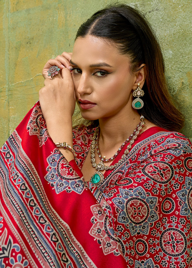 Red Printed Satin Silk Saree