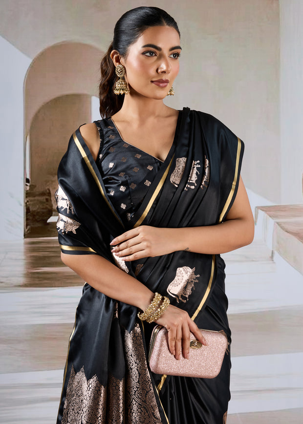 Jet Black Banarasi Satin Silk Saree