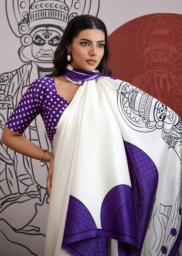 Purple And White Printed Satin Silk Saree
