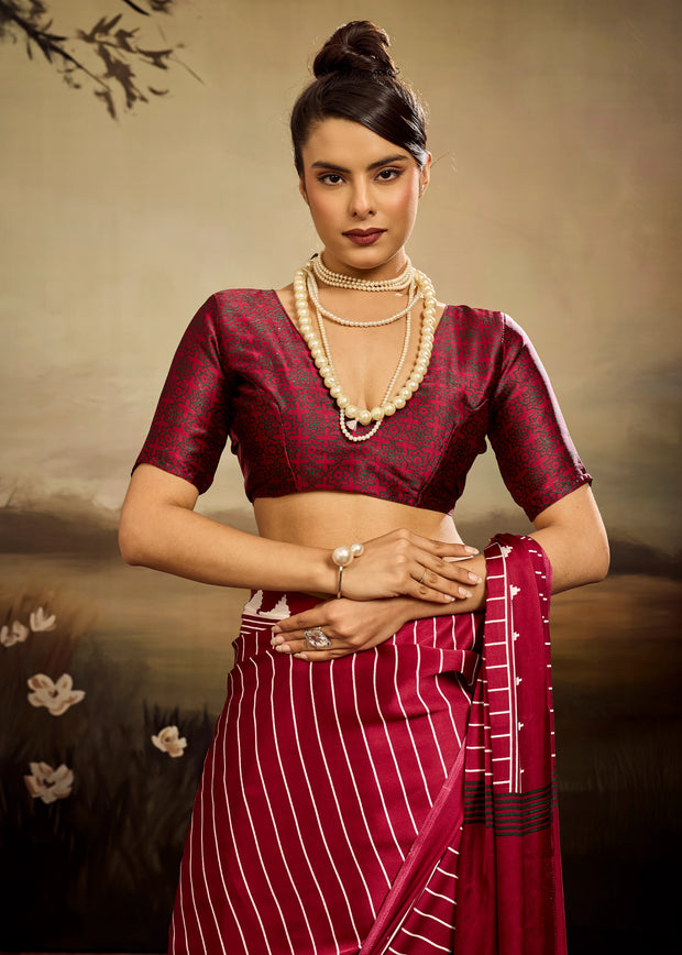 Maroon Printed Satin Silk Saree