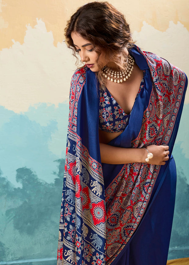 Nautical Blue Printed Satin Silk Saree