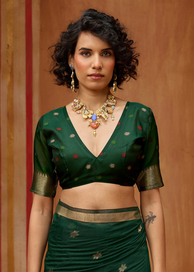 Forest Green Woven Cotton Organza Saree