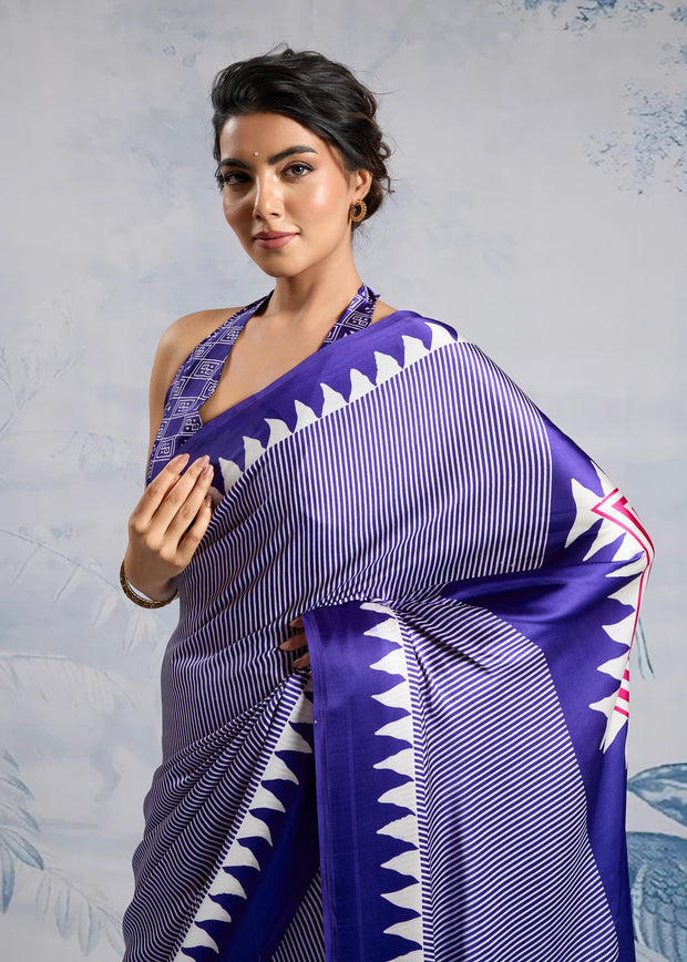 Purple Printed Satin Silk Saree