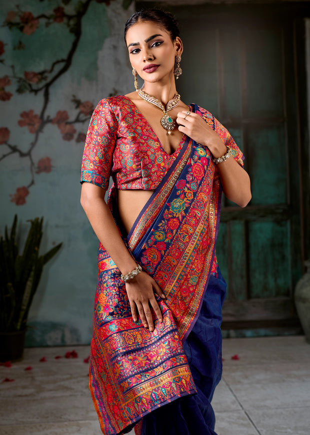 Navy Blue Woven Cotton Kashmiri Jamewar Saree