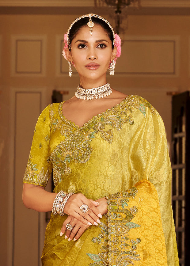 Shades Of Yellow Designer Embroidered Silk Saree