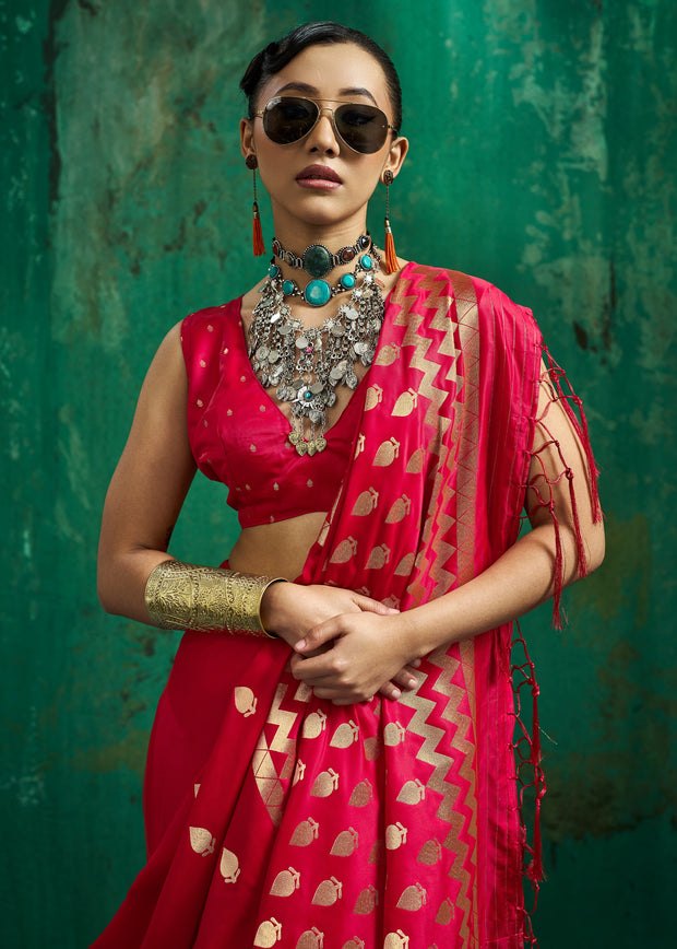 Bright Red Woven Banarasi Satin Silk Saree