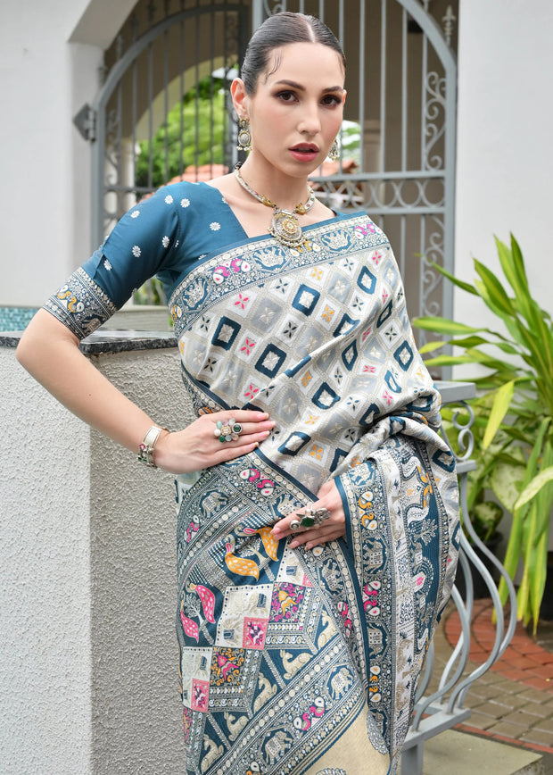 White & Rama Blue Woven Banarasi Patola Silk Saree