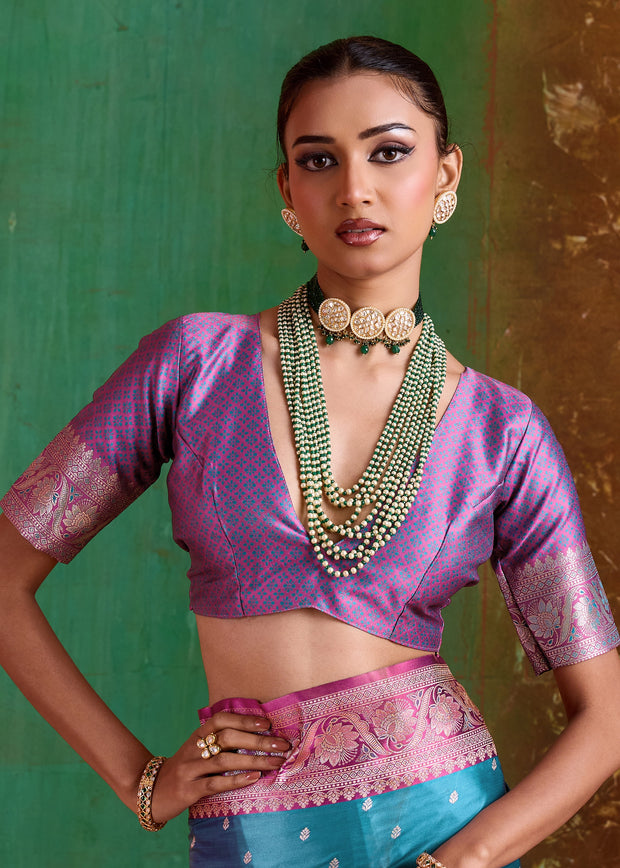 Vivid Blue Banarasi Satin Silk Saree