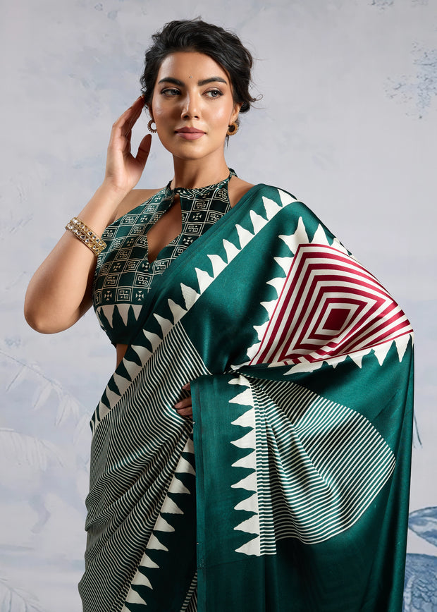 Antique Green Printed Satin Silk Saree