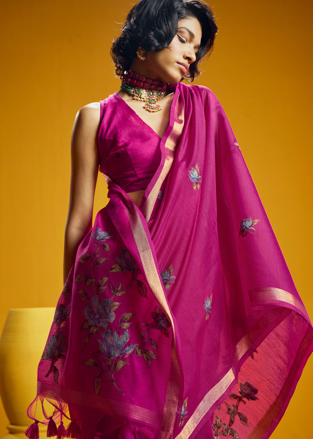 Fuchsia Pink Woven Munga Cotton Silk Saree