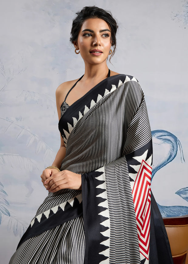 Black And White Printed Satin Silk Saree