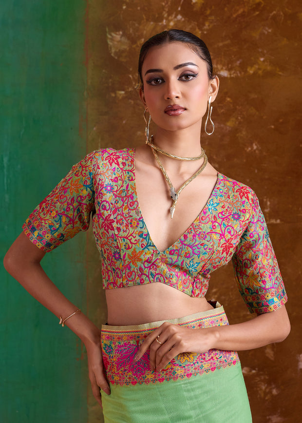 Pista Green Woven Cotton Kashmiri Jamewar Saree