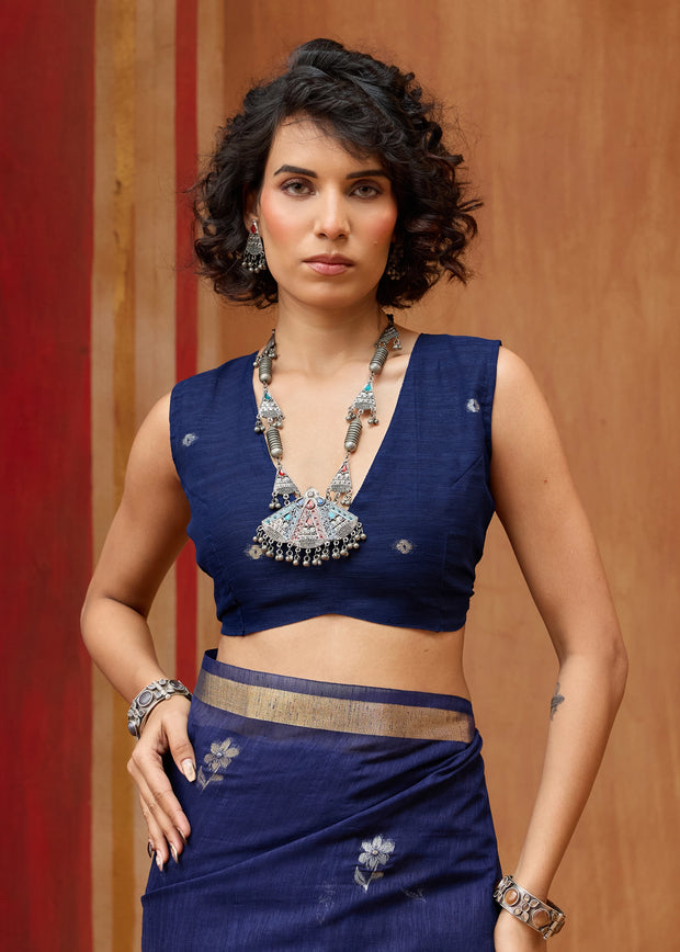 Midnight Blue Woven Cotton Silk Saree