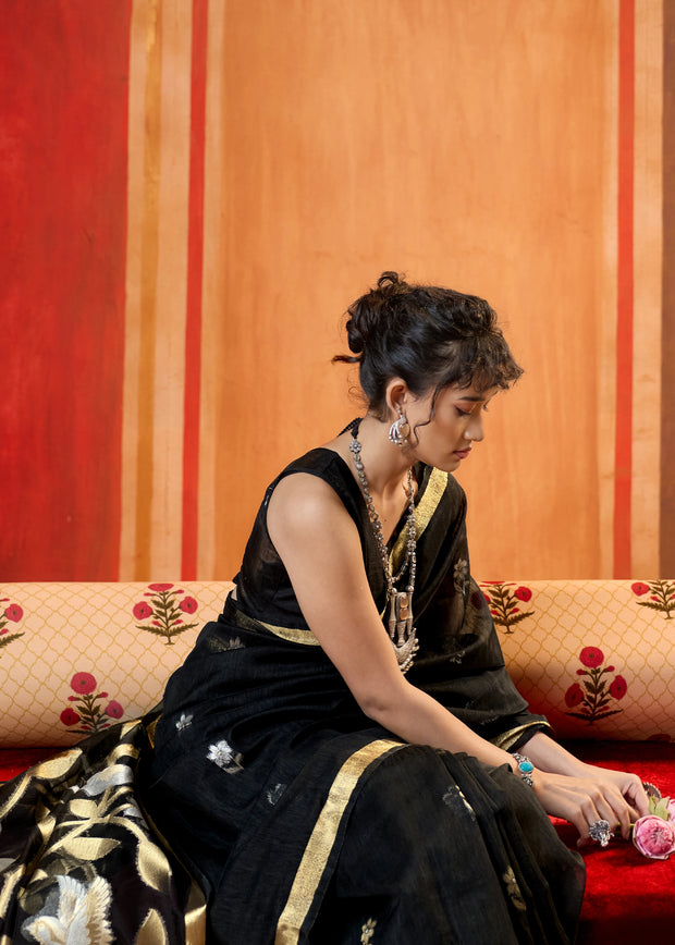 Phantom Black Woven Cotton Silk Saree