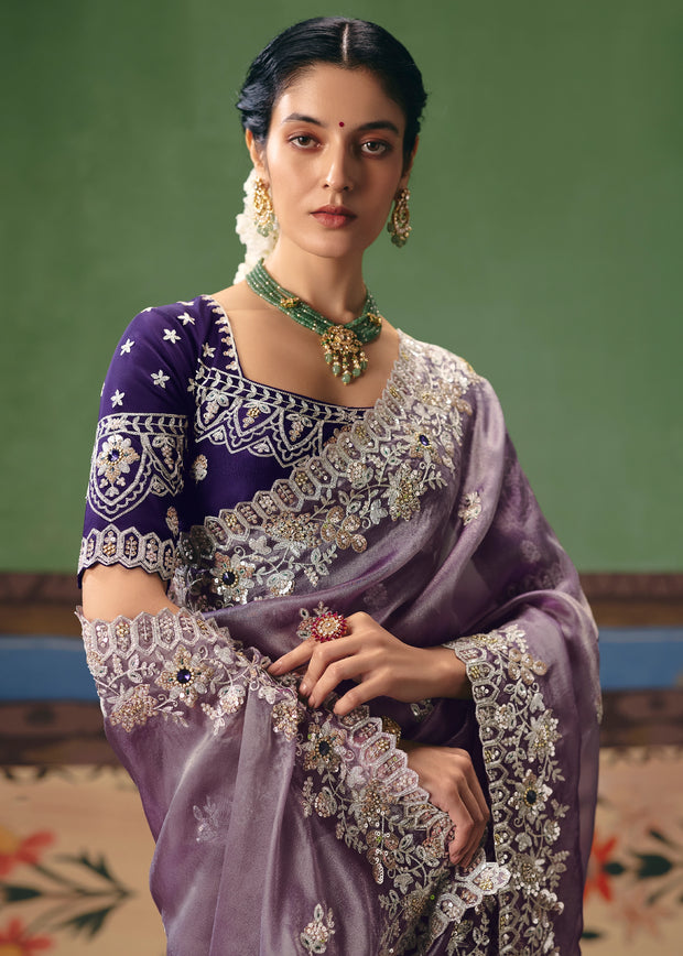 Mauve Purple Embroidered Designer Saree