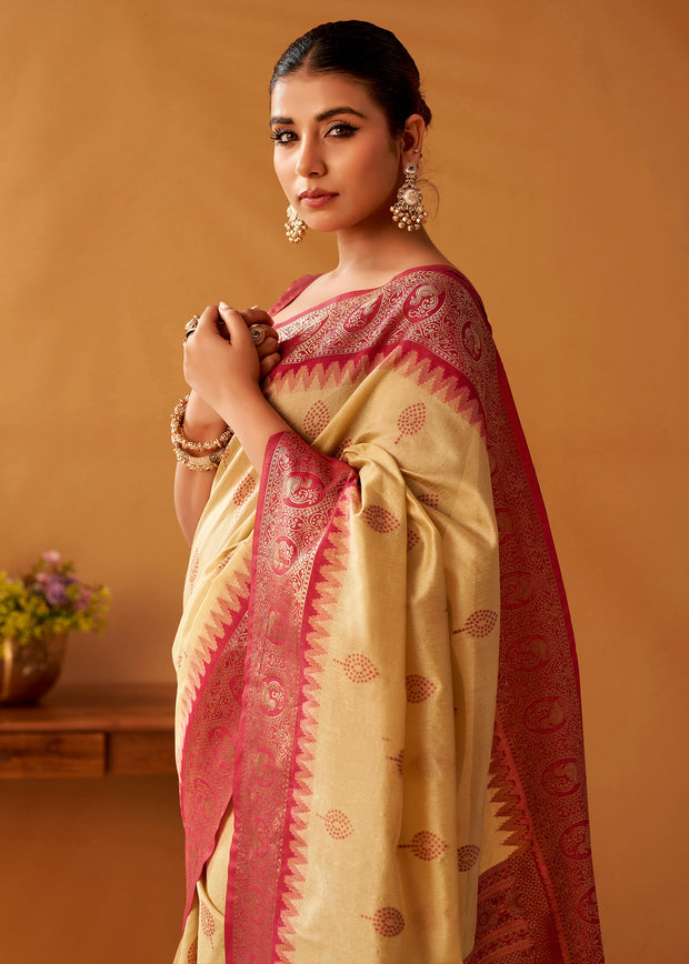 Cream Woven Banarasi Cotton Silk Saree