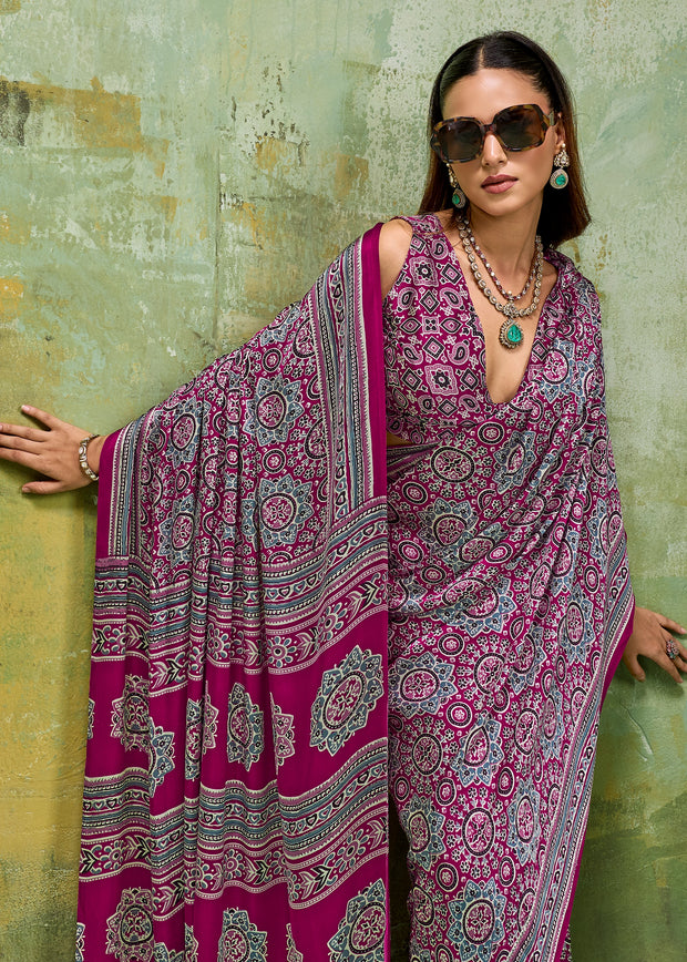 Plum Purple Printed Satin Silk Saree