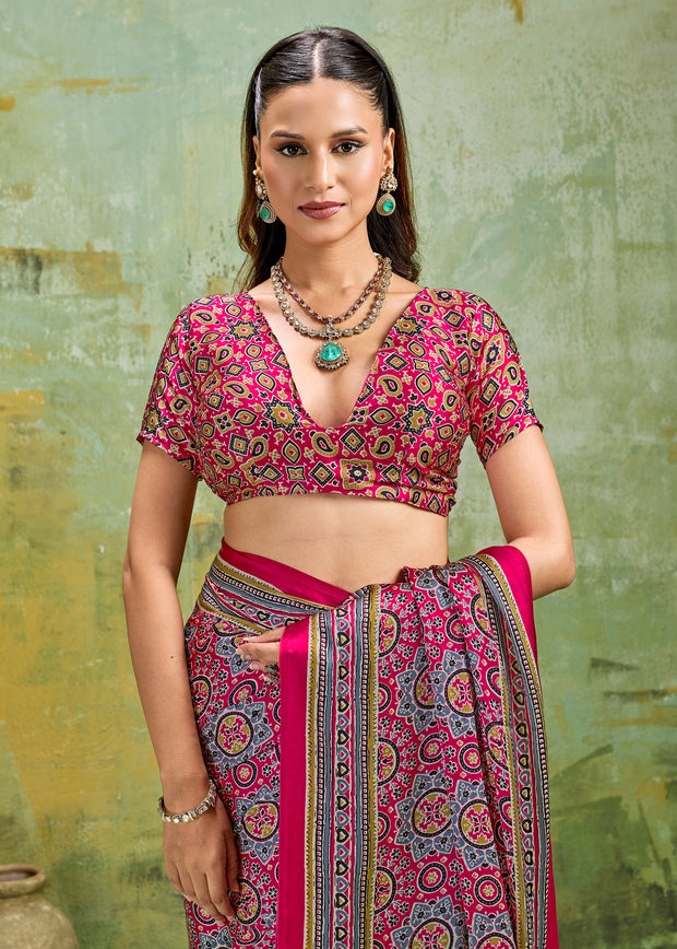 Fuchsia Pink Printed Satin Silk Saree