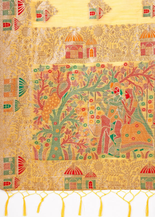 Blazing Yellow Woven Linen Cotton Silk Saree