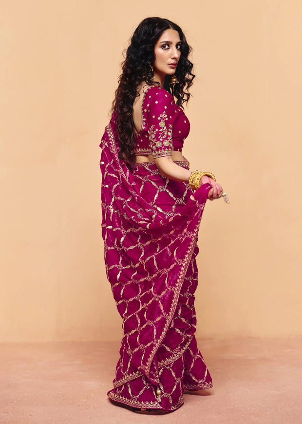 Sangria Red Embroidered Designer Tissue Saree