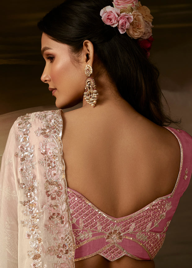 Off White Embroidered Designer Organza Saree