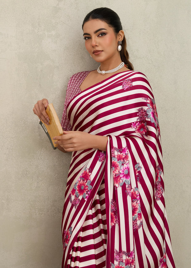 Mauve Pink Printed Satin Silk Saree