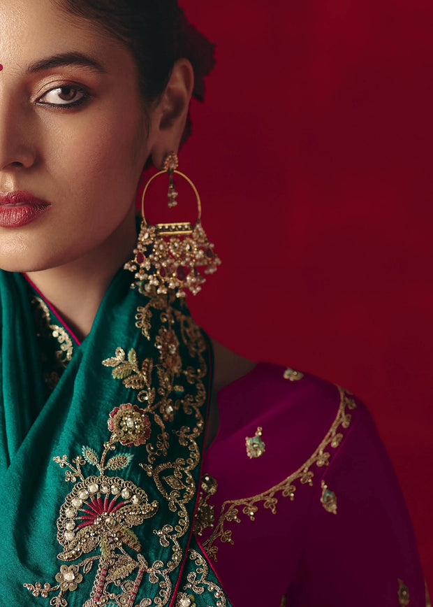 Peacock Green Designer Embroidered Saree