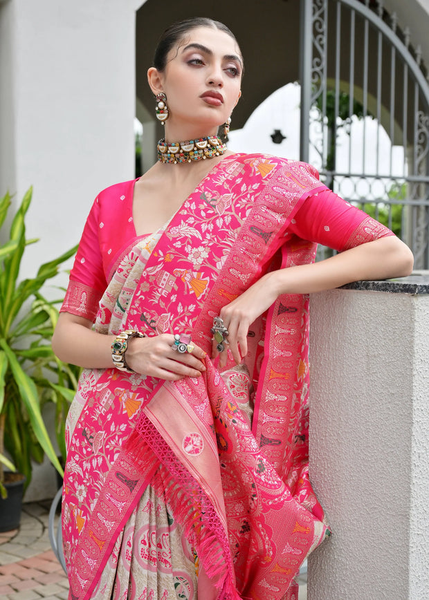 White & Pink Woven Banarasi Patola Silk Saree