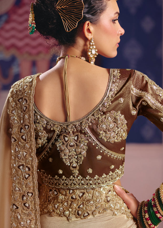 Safari Beige Embroidered Tissue Designer Saree
